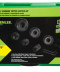 Greenlee 648 Quick Change Carbide Hole Saw Set for 1/2 to 2 Inch Conduit in a green carrying case with carbide cutter heads.