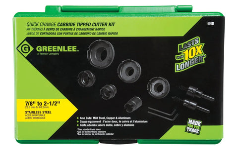 Greenlee 648 Quick Change Carbide Hole Saw Set for 1/2 to 2 Inch Conduit in a green carrying case with carbide cutter heads.