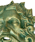 Heavy Duty Cast Iron Celtic Green Man Wall Plaque Sporting A Dead Cool Antiqued Verdigris Finish Standing Ten Inches Tall close-up of face detail.
