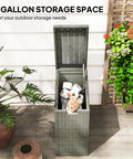 Weatherproof 17.3 Gallon Wicker Storage Box With Slatted Acacia Wood Flip Top For Indoor And Outdoor Use Cushions Pool Gear Garden Tools UV Resistant Gray on patio with plants