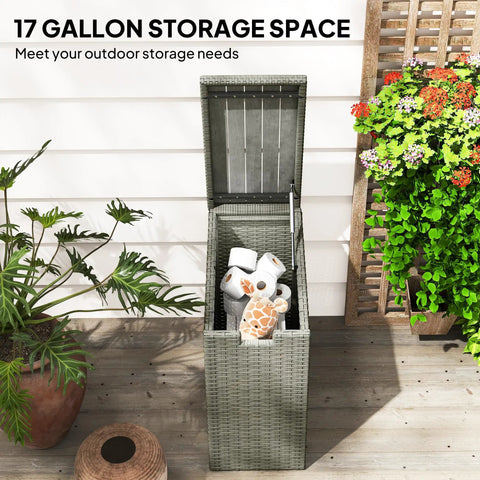 Weatherproof 17.3 Gallon Wicker Storage Box With Slatted Acacia Wood Flip Top For Indoor And Outdoor Use Cushions Pool Gear Garden Tools UV Resistant Gray on patio with plants
