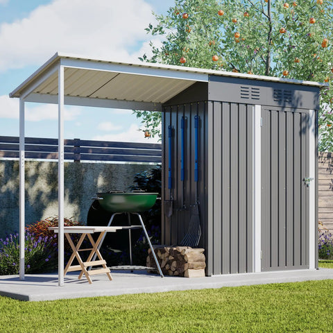 Waterproof 9.6 Ft By 2.3 Ft Storage Shed With Gazebo Porch 2-In-1 Lean-To Tool Storage Garden House in backyard setting