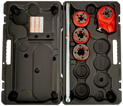 Ridg 12r Exposed Ratchet Pipe Threader Kit With Two-Piece Dies For Half Inch To One And A Quarter Inch Npt Pipes Including Sturdy Carry Case showing tools inside open case.
