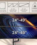 Rock Solid Dual Monitor Desk Mount Designed For Ultrawide Screens With Smooth Gas Spring Arms Height Adjustable Pole Base Vesa 75 100 Clamp Or Grommet Badass Workstation Setup showing monitor sizes and weight capacity.