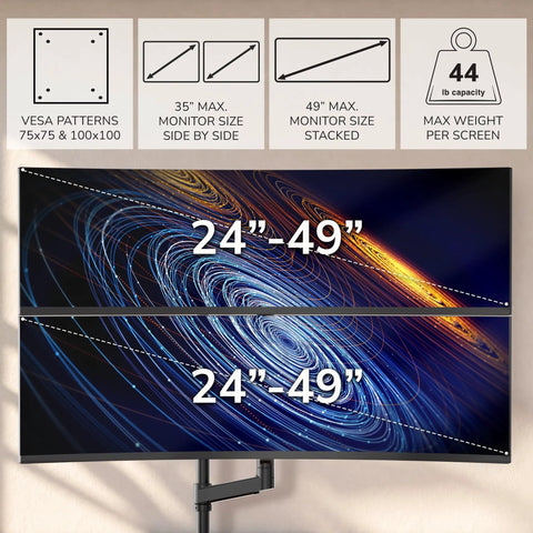 Rock Solid Dual Monitor Desk Mount Designed For Ultrawide Screens With Smooth Gas Spring Arms Height Adjustable Pole Base Vesa 75 100 Clamp Or Grommet Badass Workstation Setup showing monitor sizes and weight capacity.
