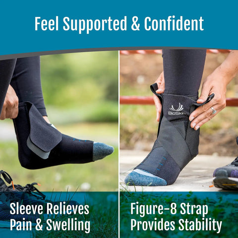 Person wearing AFTR Ankle Compression Brace Snug Fit for sprained ankles and post injury support, showing sleeve and figure-8 strap
