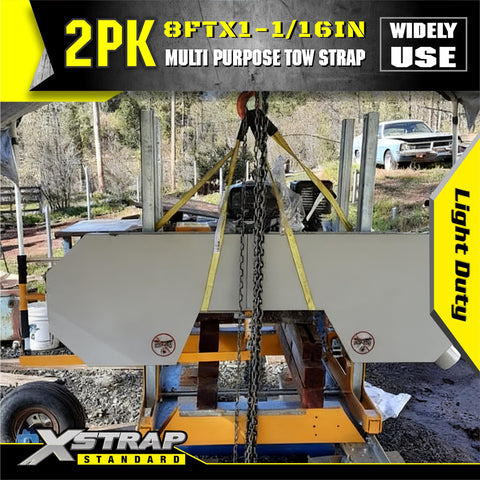 Image of Two Pack 1 Inch By 8 Foot Beefy Lift Slings in use, securing a heavy object outdoors, highlighting strength and durability.