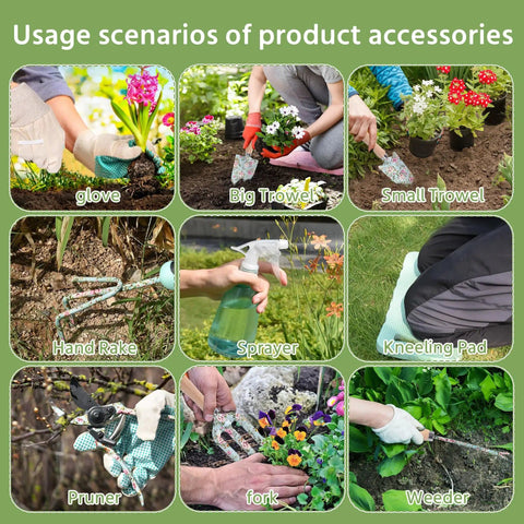 Image showing tools from the All In One Floral Garden Tools Set With Tote Bag Heavy Duty Gardening Kit Including Pruning Shears Trowels Rake