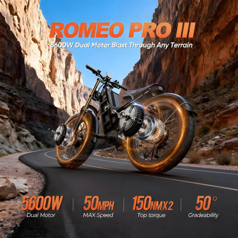 Heavy Duty 5600W Dual Motor Electric Bike For Adults on winding road with rocky terrain, showcasing 26x4 fat tires.