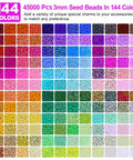 All In One Glass Seed Beads Kit With Over 44000 Beads In 144 Colors 1000 Charms Clasps Chains Needles Threaders Elastic Cords