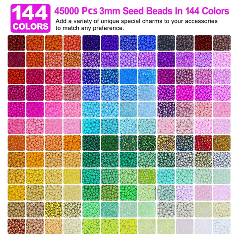 All In One Glass Seed Beads Kit With Over 44000 Beads In 144 Colors 1000 Charms Clasps Chains Needles Threaders Elastic Cords