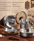 Detachable Handle Stainless Steel Cookware Set for Induction with 19 Piece Tri Ply Full Clad Pots and Pans Oven Safe RV and Camping Friendly Coating Free for Healthier Cooking Pro Grade Sear and Even Heating Woodgrain Finish shown with lids and utensils.