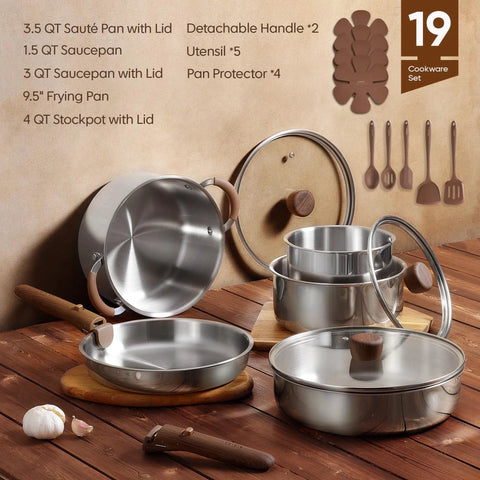 Detachable Handle Stainless Steel Cookware Set for Induction with 19 Piece Tri Ply Full Clad Pots and Pans Oven Safe RV and Camping Friendly Coating Free for Healthier Cooking Pro Grade Sear and Even Heating Woodgrain Finish shown with lids and utensils.