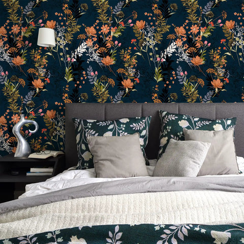Midnight Blue Meadow Floral Peel And Stick Wallpaper For Cabinets Shelves Drawers And Walls Removable Vinyl With Matte Finish