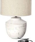 Distressed White Cement Table Lamp With Linen Drum Shade, Rustic Boho Chic Vibe For Farmhouse Cottage Or Vintage Living Rooms