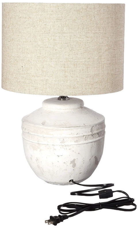 Distressed White Cement Table Lamp With Linen Drum Shade, Rustic Boho Chic Vibe For Farmhouse Cottage Or Vintage Living Rooms