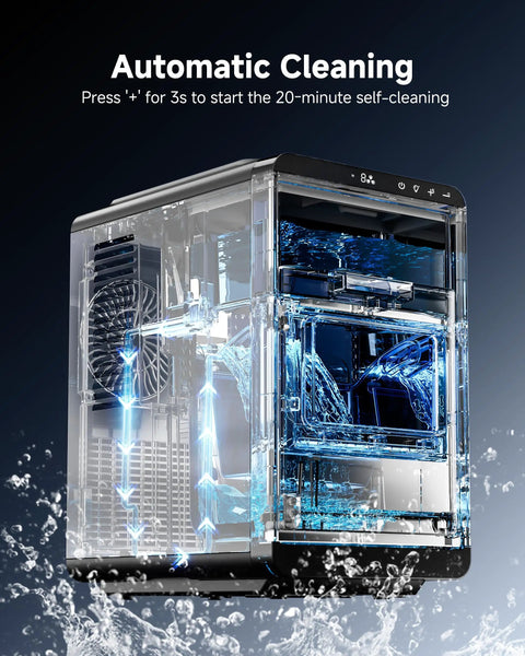 Crescent Ice Maker Countertop With Self Cleaning And Timer Delivers 16 Crystal Clear Crescent Ice In Just 12 Minutes 35 Lbs Per Day Party Ready For Home Office Or Party showcasing automatic cleaning feature.