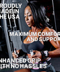 Woman using heavy duty powerlifting wrist straps with neoprene comfort and nylon strap for maximum grip during strength training.