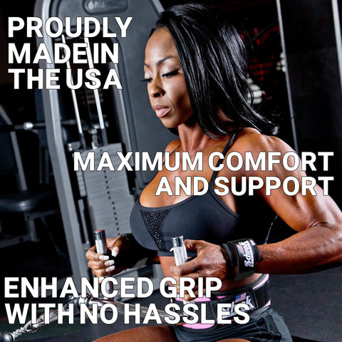 Woman using heavy duty powerlifting wrist straps with neoprene comfort and nylon strap for maximum grip during strength training.