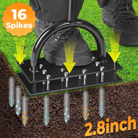 Lawn Aerator Tool With 16 Spikes And Spring Base Preassembled Manual Yard Aerator Kit With Gloves shown aerating soil.