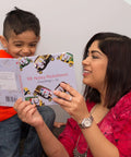 Mother and child enjoying the Totally Rad Toddler Counting Book Featuring Ten Noisy Rickshaws And Hella Fun Indian Culture Educational Picture Book.