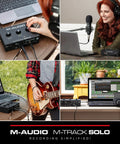 Collage of M-Track Solo USB Audio Interface for recording, streaming and podcasting with XLR, line and DI inputs, 48kHz resolution