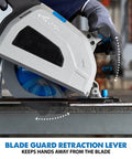 8.25 Inch Metal Cutting Circular Saw With High Torque Motor, Cuts Steel Clean And Cool Without Heat Or Burrs, Adjustable 3 Inch Depth, Chip Collector, No Sparks, Includes TCT Blade For Fast Burr Free Fabrication on a steel beam, close-up view.