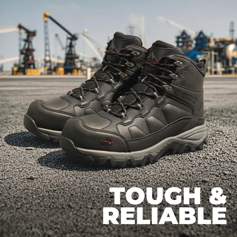 Waterproof Steel Toe Work Boots For Men Paladin-Steel, Slip Resistant Safety Boots, Industrial Grade Black Leather, Size 8.5