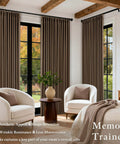 Dual Layer Blackout Curtains 102 Inch Length Two Panels Pinch Pleated For Sliding Glass Doors Flax Linen Texture in a room setup
