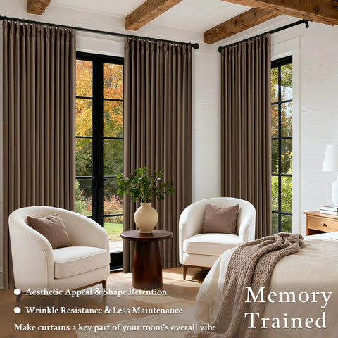 Living room with Pleated Linen Blackout Curtains 84 Inches Long 100 Percent Blackout For Bedroom And Living Room With Pinch Pleat Thermal Insulated Back Tab Ring Hooks Room Darkening Drapes In Light Brown With Liner, armchairs, and table.