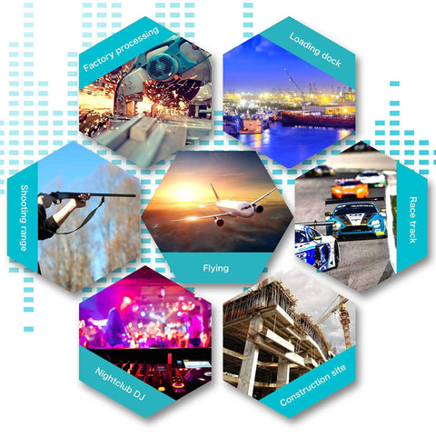 Collage of hexagonal images showing factory processing, loading dock, shooting range, flying, race track, nightclub DJ, construction site.