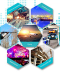 Collage of hexagonal images showing factory processing, loading dock, race track, shooting range, flying, nightclub DJ, construction site.
