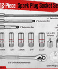 Twelve Piece Spark Plug Socket Set With Three Eighths Inch Drive Ratchet Handle Mirror Polished Sockets Spark Plug Gapper Universal Joint And Extension Bars With Rubber Retaining Ring displayed with components.