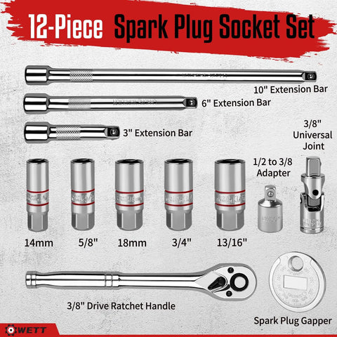 Twelve Piece Spark Plug Socket Set With Three Eighths Inch Drive Ratchet Handle Mirror Polished Sockets Spark Plug Gapper Universal Joint And Extension Bars With Rubber Retaining Ring displayed with components.