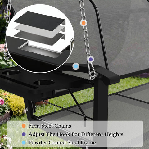 Textilene 3 Seat Porch Swing With Cup Holder 5.3 Ft Patio Hangin Swing Bench highlighting steel chains and powder coated frame