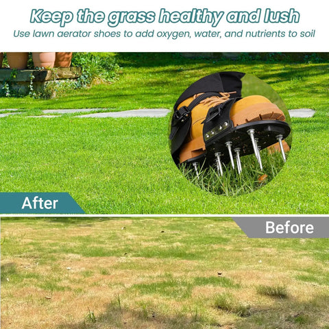 Before and after using Heavy Duty Lawn Aerator Shoes With Six Extra Spikes, showing healthy green lawn compared to dry grass.