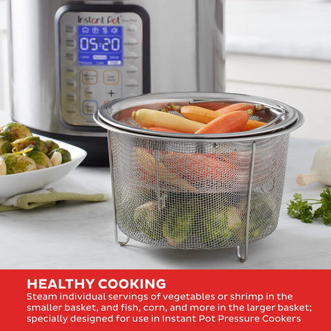 Stainless Steel Mesh Steamer Basket Set With Easy Lift Handles For Dual Purpose Steaming And Straining next to Instant Pot
