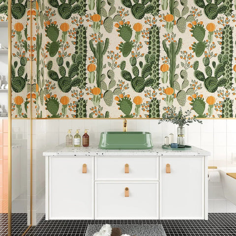 Bathroom with Desert Cactus Wallpaper Peel And Stick Floral Cacti And Succulents Boho Wall Mural, green and beige accents.