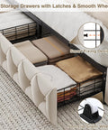Queen Size Velvet Bed Frame Featuring Smooth As Butter Storage Drawers, Smart Led Chill Lights, Adjustable Headboard, Button Tufted Modern Platform Bed, Solid Wood Slats, No Sweat Assembly, Beige with four storage drawers full of linens.