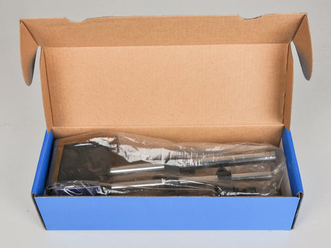 Front view: magnetic base with metal rods in plastic bag inside a blue box