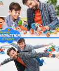 7 In 1 Mechanical Building Kit For Kids Aged 7 To 12, 171 Piece Construction Set With Bonus Model And 25 Spare Parts, Build 7 Cars And More For Hands On Engineering Fun, The Ultimate Birthday Gift, boys building colorful model cars with an adult