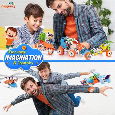 7 In 1 Mechanical Building Kit For Kids Aged 7 To 12, 171 Piece Construction Set With Bonus Model And 25 Spare Parts, Build 7 Cars And More For Hands On Engineering Fun, The Ultimate Birthday Gift, boys building colorful model cars with an adult