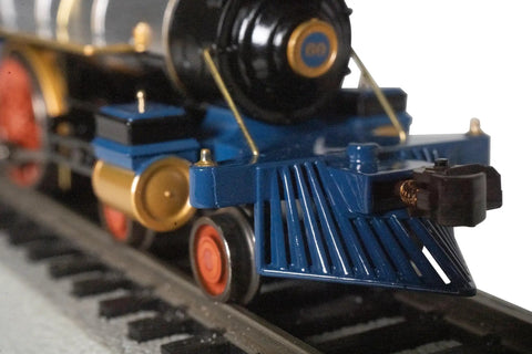 Close-up of HO Scale 4-4-0 American Steam Locomotive DCC Ready Central Pacific Number 60 Jupiter With Wood Load on tracks