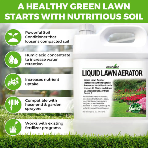 Liquid Lawn Aerator Concentrate For Lawns And Gardens Loosens Clay And Compacted Soil To Boost Water And Nutrient Absorption Promotes Stronger Roots For Healthier Turf 32 Oz Made In USA bottle with features listed