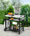 Three Shelf Pizza Oven Table With Stainless Top And Rolling Outdoor Grill Cart Waterproof Cover Heavy Duty BBQ Prep Station