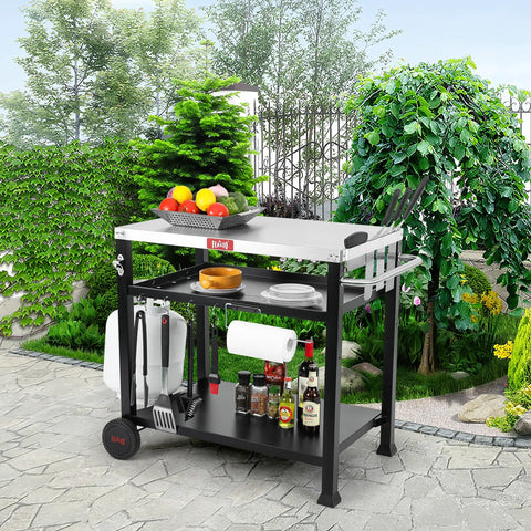 Three Shelf Pizza Oven Table With Stainless Top And Rolling Outdoor Grill Cart Waterproof Cover Heavy Duty BBQ Prep Station