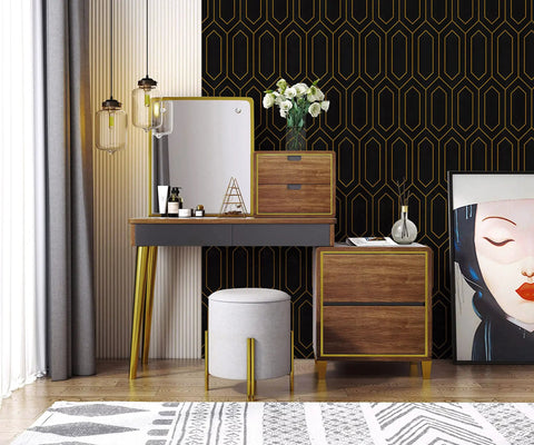 Vanity against wall with Geometric Gold And Black Peel And Stick Wallpaper Self Adhesive Removable Wall Covering For Accent Walls Vinyl Roll