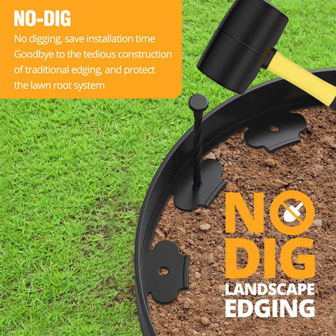 Heavy Duty 33 Foot Landscape Edging No Dig Plastic Garden Border Two Inch Tall Strong Border With 30 Anchoring Spikes Easy Installation In Sun And Rain Black with mallet and soil in garden setup.