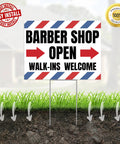 Two Pack Barber Shop Yard Signs With Stakes 17 By 13 Inches Double Sided Corrugated Plastic Outdoor Barbershop Signs For Business Outside Easy Install No Tools Needed - Barber Shop Open Walk-Ins Welcome sign staked in grass