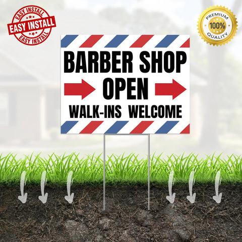Two Pack Barber Shop Yard Signs With Stakes 17 By 13 Inches Double Sided Corrugated Plastic Outdoor Barbershop Signs For Business Outside Easy Install No Tools Needed - Barber Shop Open Walk-Ins Welcome sign staked in grass